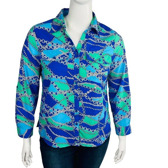 Notations Tops - Notations Career Womans Sz Petite XL Blouse Long Sleeve Top Blue‎ Chain